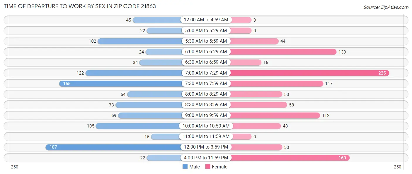 Time of Departure to Work by Sex in Zip Code 21863