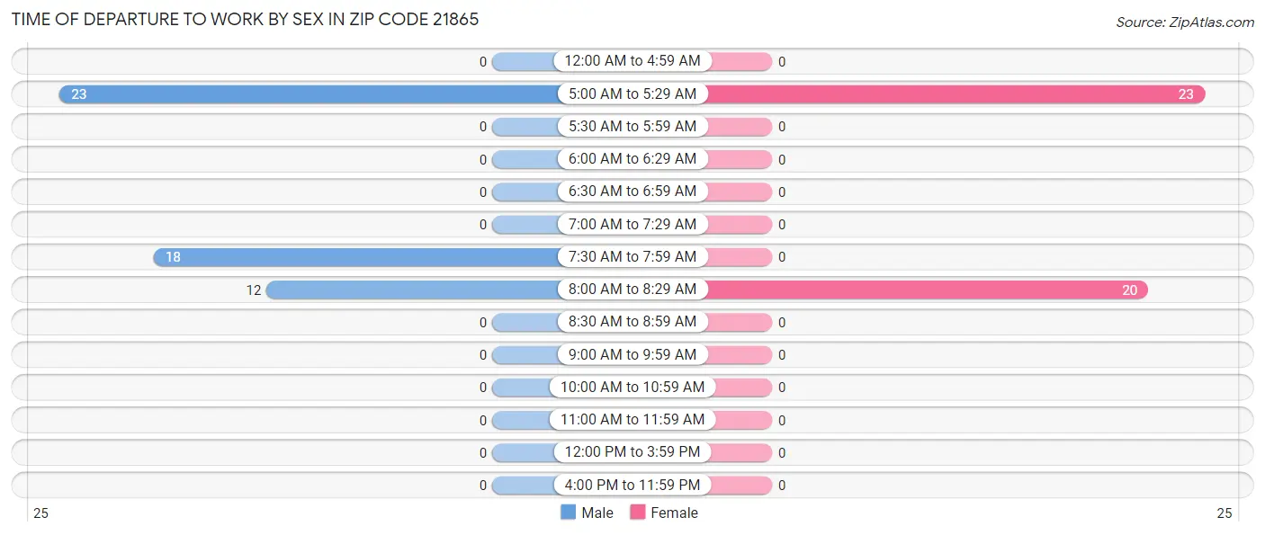 Time of Departure to Work by Sex in Zip Code 21865