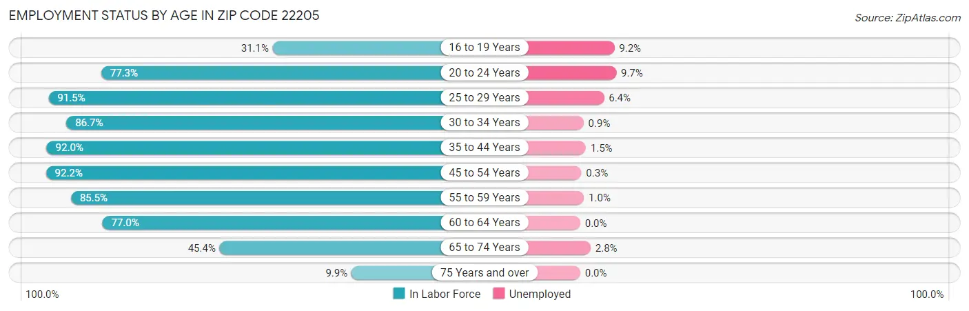 Employment Status by Age in Zip Code 22205