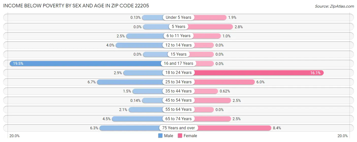 Income Below Poverty by Sex and Age in Zip Code 22205