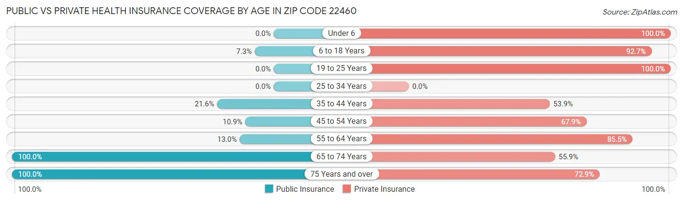Public vs Private Health Insurance Coverage by Age in Zip Code 22460