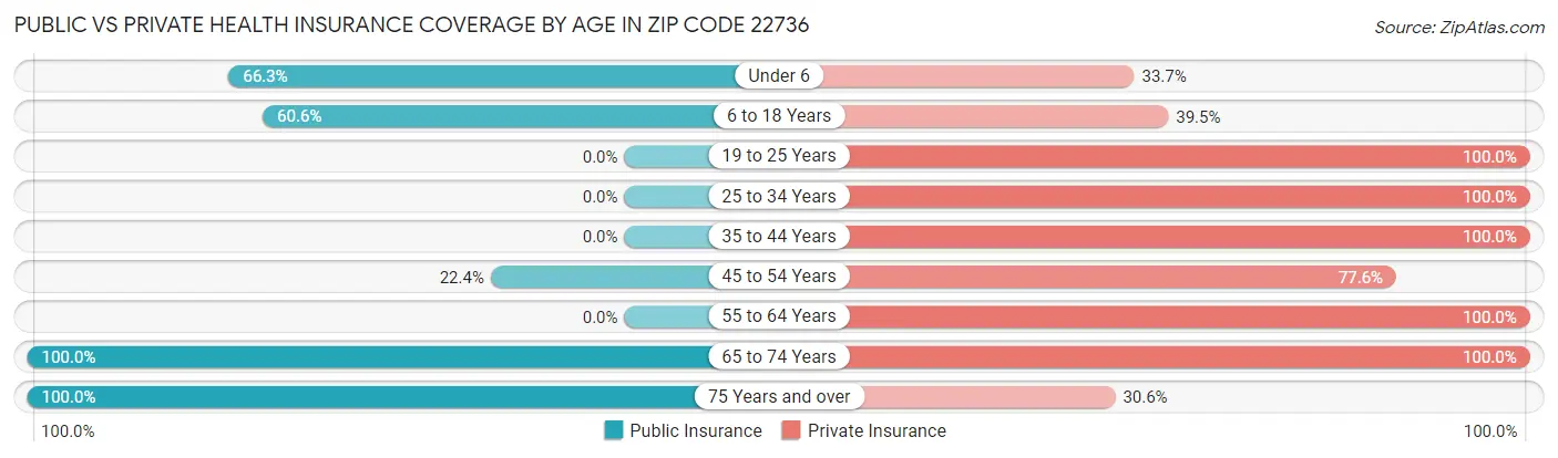 Public vs Private Health Insurance Coverage by Age in Zip Code 22736