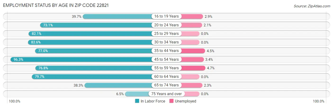 Employment Status by Age in Zip Code 22821
