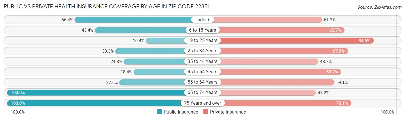 Public vs Private Health Insurance Coverage by Age in Zip Code 22851