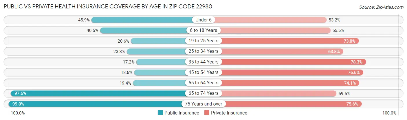 Public vs Private Health Insurance Coverage by Age in Zip Code 22980