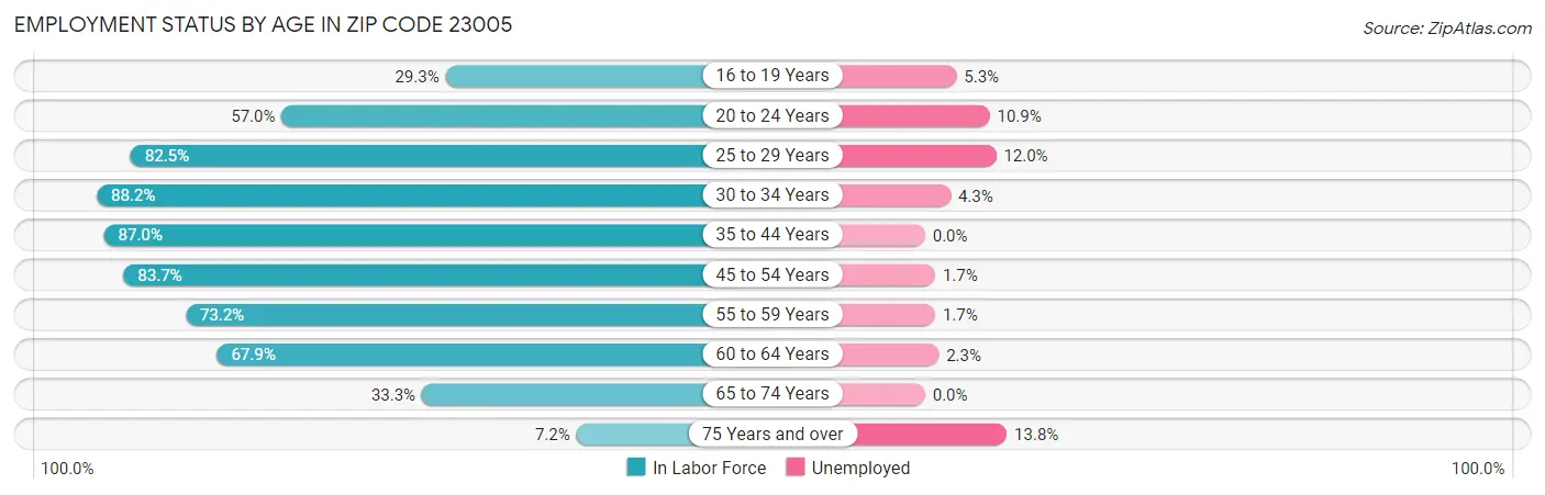 Employment Status by Age in Zip Code 23005