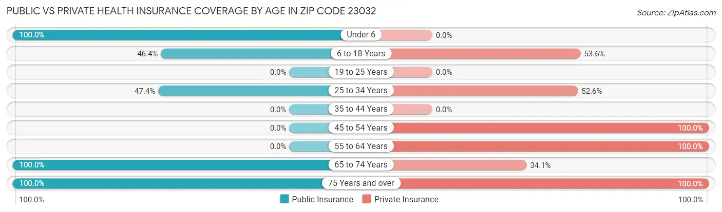 Public vs Private Health Insurance Coverage by Age in Zip Code 23032
