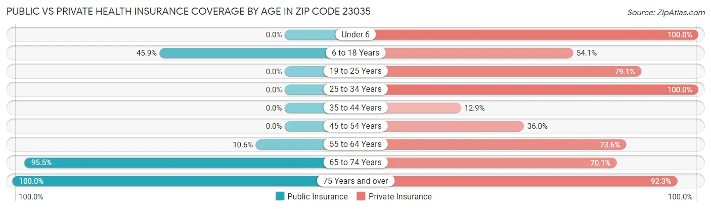 Public vs Private Health Insurance Coverage by Age in Zip Code 23035