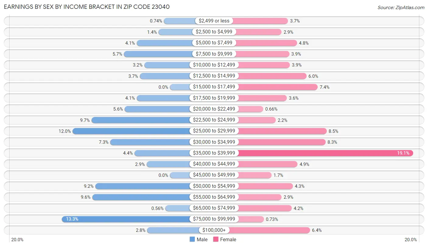 Earnings by Sex by Income Bracket in Zip Code 23040