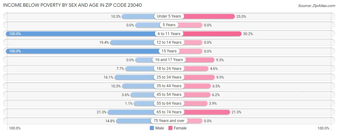 Income Below Poverty by Sex and Age in Zip Code 23040