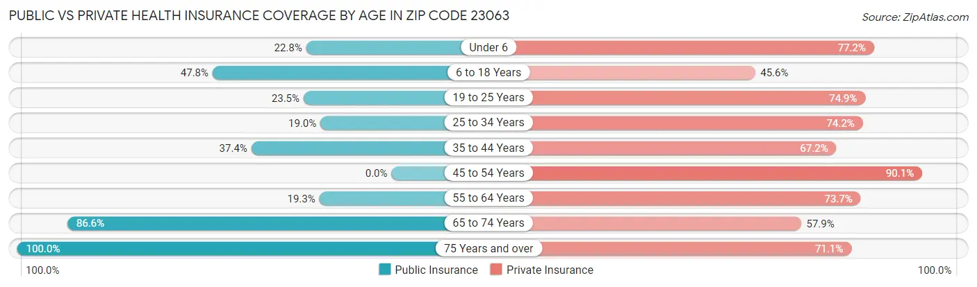 Public vs Private Health Insurance Coverage by Age in Zip Code 23063