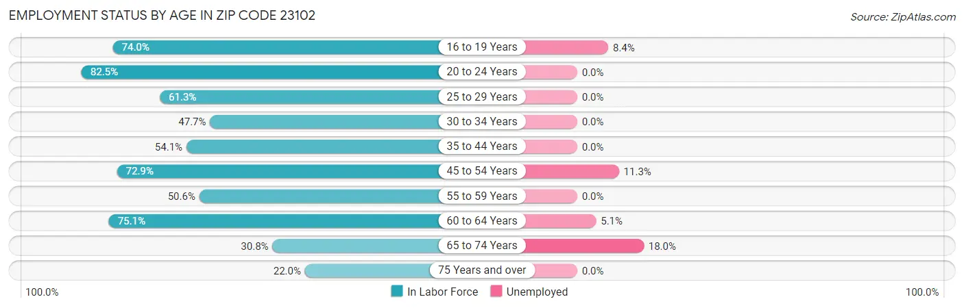 Employment Status by Age in Zip Code 23102