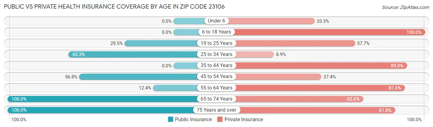 Public vs Private Health Insurance Coverage by Age in Zip Code 23106