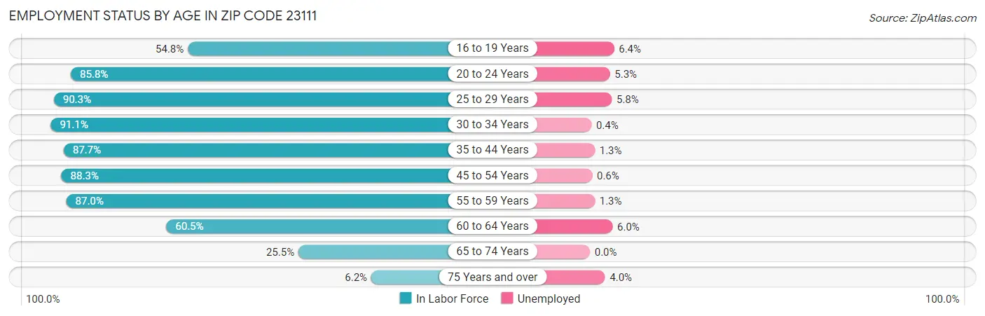 Employment Status by Age in Zip Code 23111