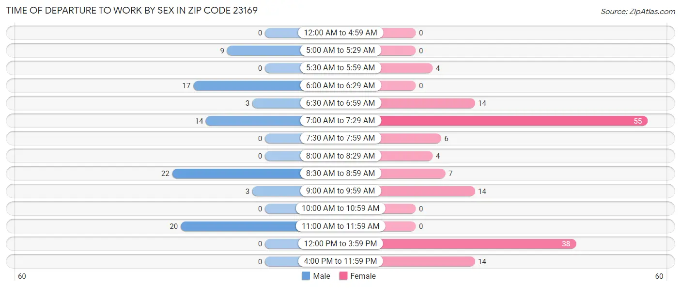 Time of Departure to Work by Sex in Zip Code 23169