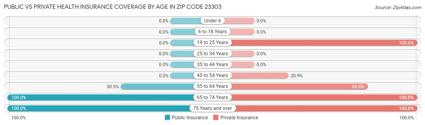 Public vs Private Health Insurance Coverage by Age in Zip Code 23303