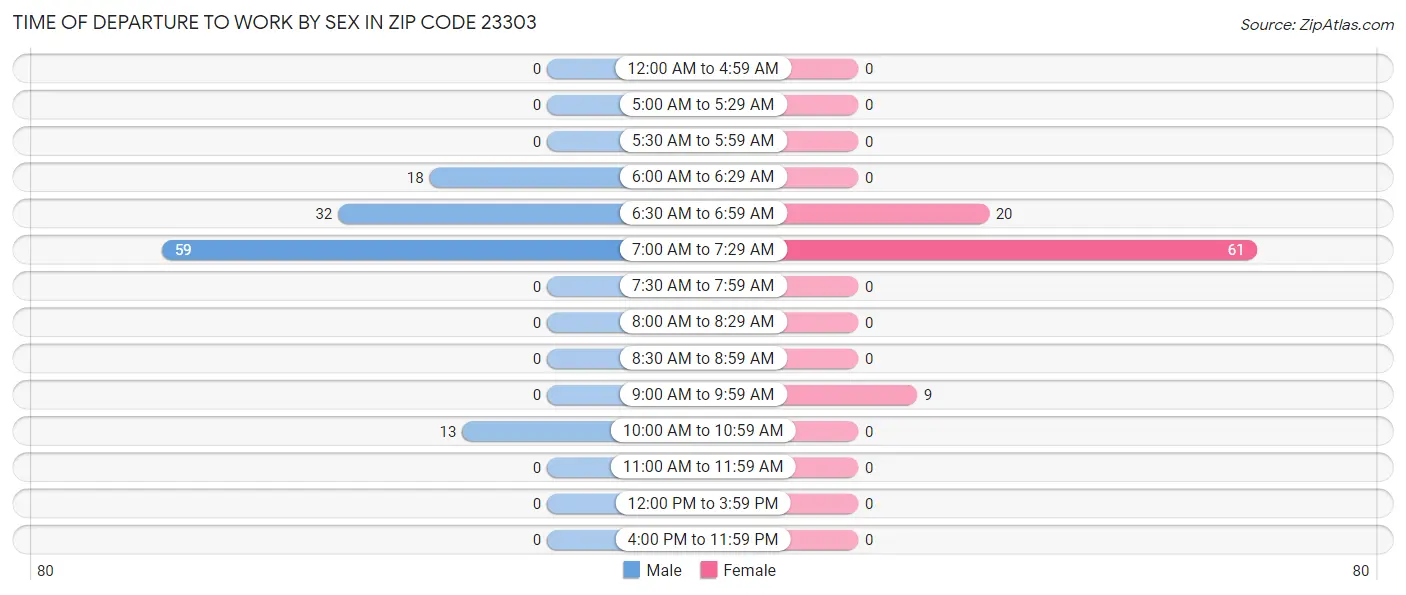 Time of Departure to Work by Sex in Zip Code 23303