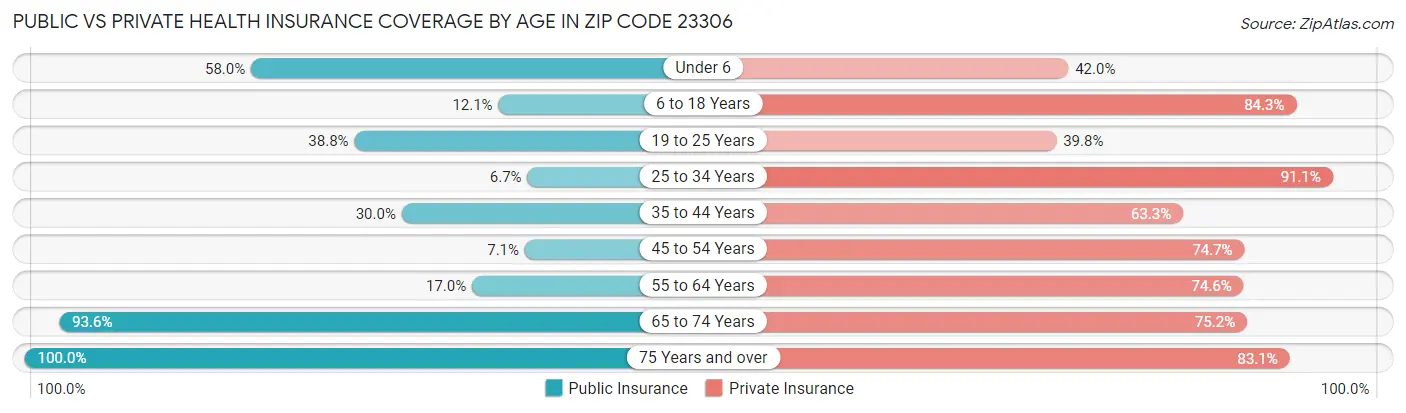 Public vs Private Health Insurance Coverage by Age in Zip Code 23306