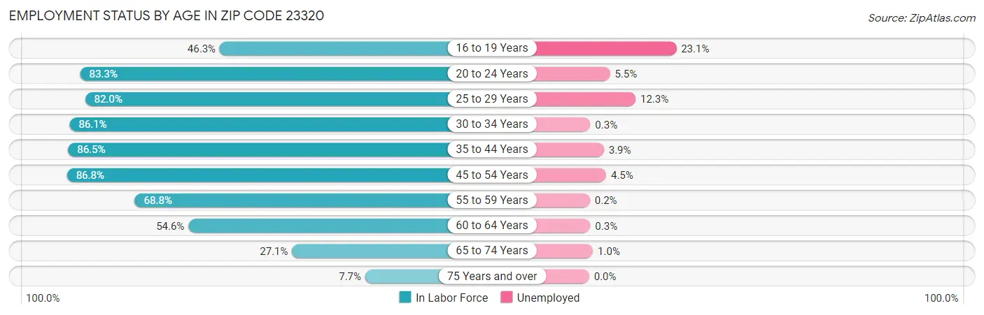 Employment Status by Age in Zip Code 23320