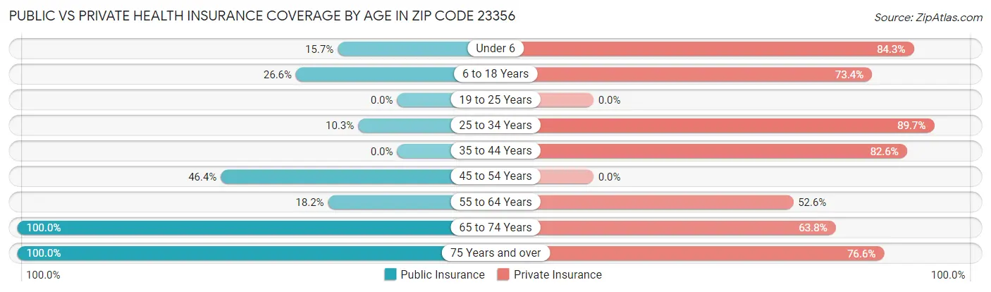 Public vs Private Health Insurance Coverage by Age in Zip Code 23356