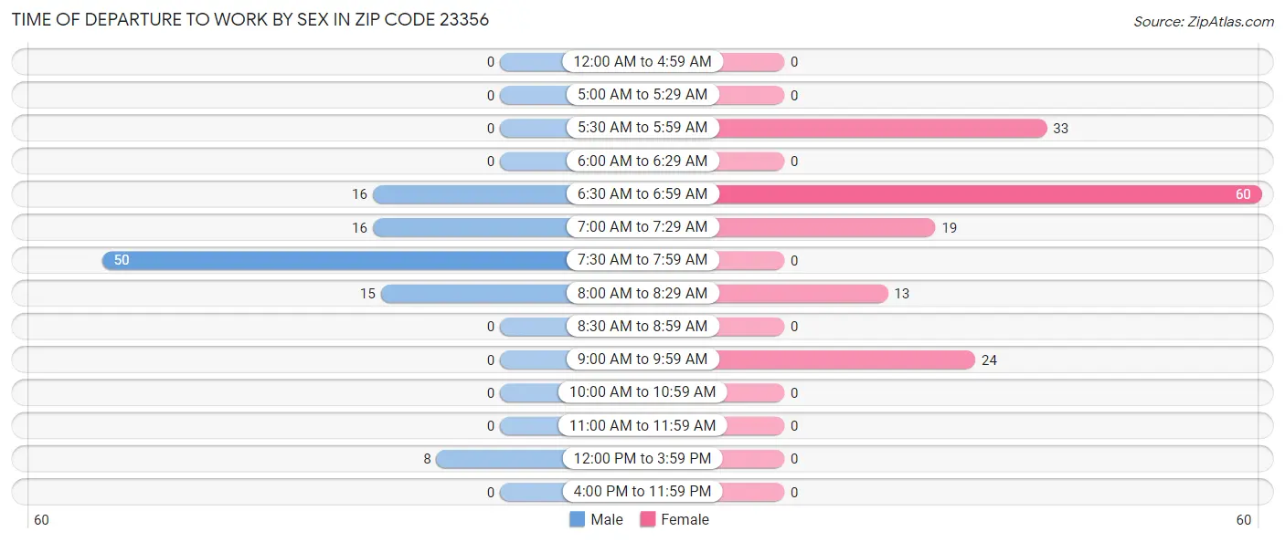 Time of Departure to Work by Sex in Zip Code 23356