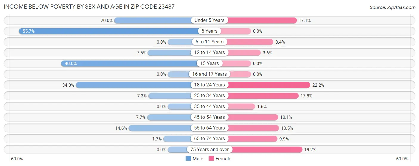 Income Below Poverty by Sex and Age in Zip Code 23487