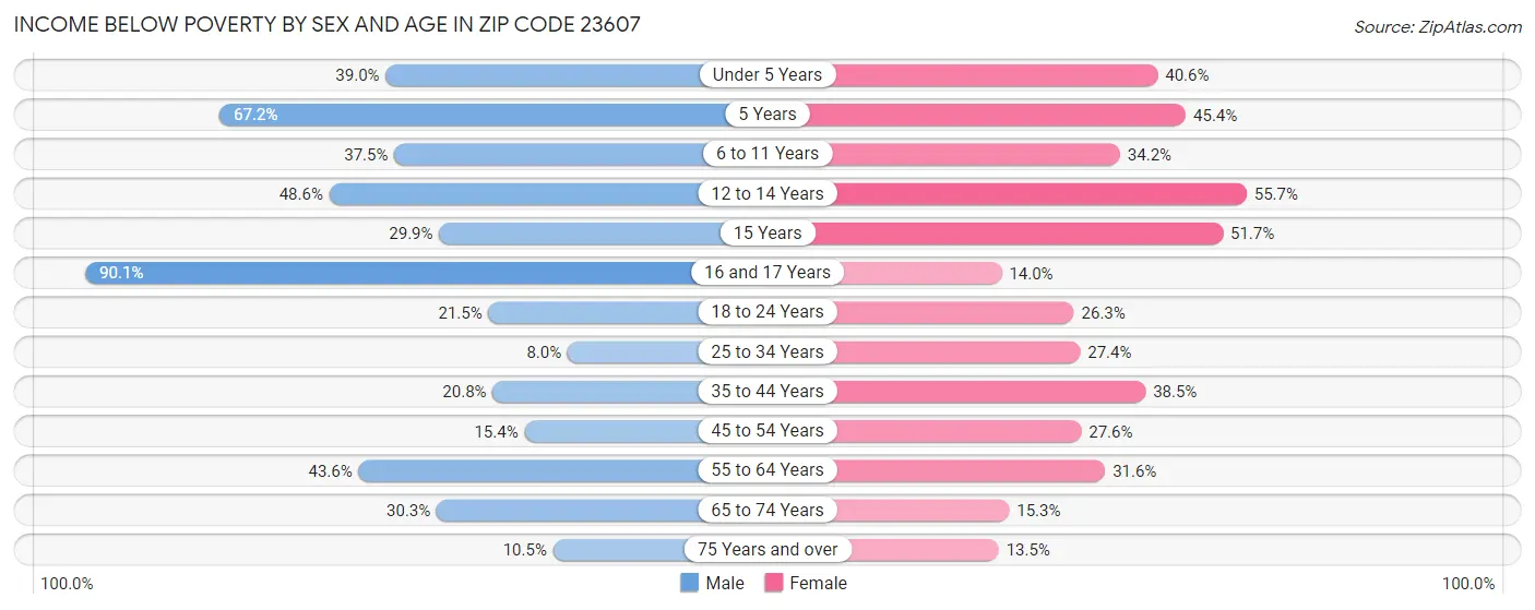 Income Below Poverty by Sex and Age in Zip Code 23607