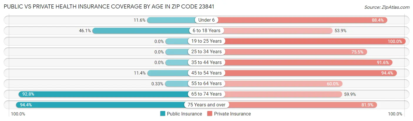 Public vs Private Health Insurance Coverage by Age in Zip Code 23841