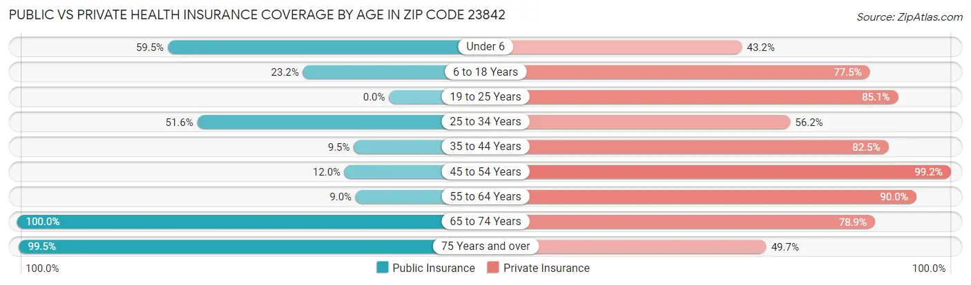 Public vs Private Health Insurance Coverage by Age in Zip Code 23842