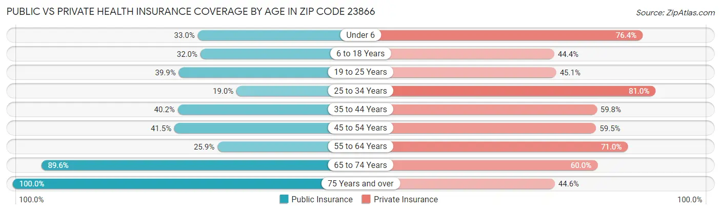 Public vs Private Health Insurance Coverage by Age in Zip Code 23866