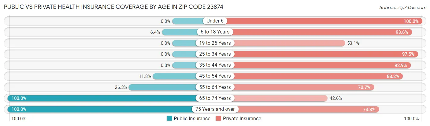 Public vs Private Health Insurance Coverage by Age in Zip Code 23874