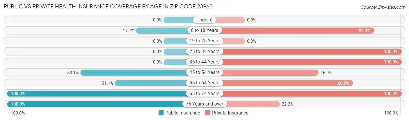 Public vs Private Health Insurance Coverage by Age in Zip Code 23963