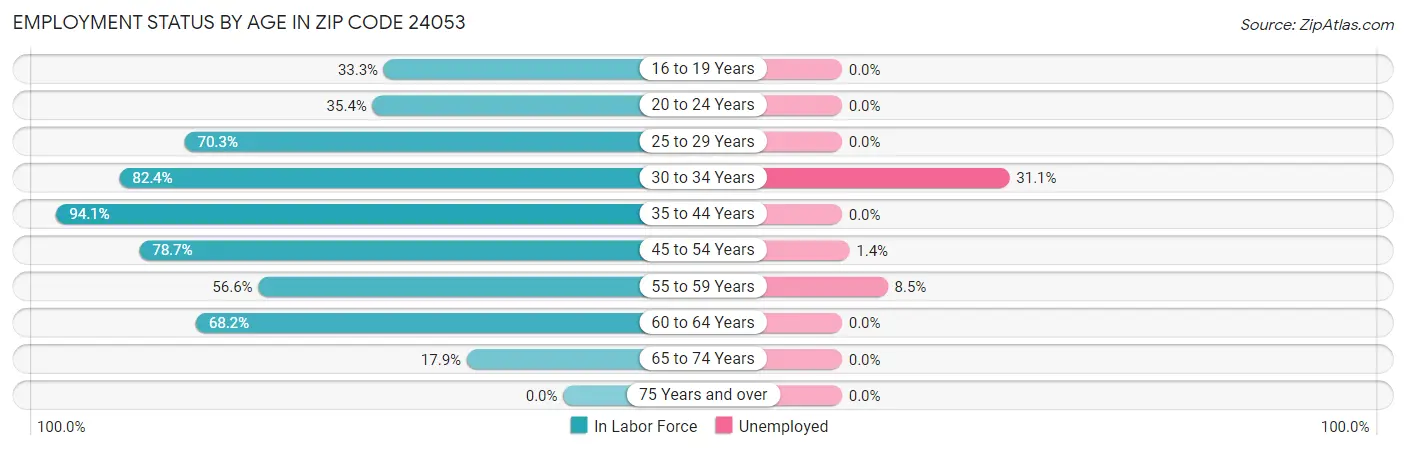 Employment Status by Age in Zip Code 24053