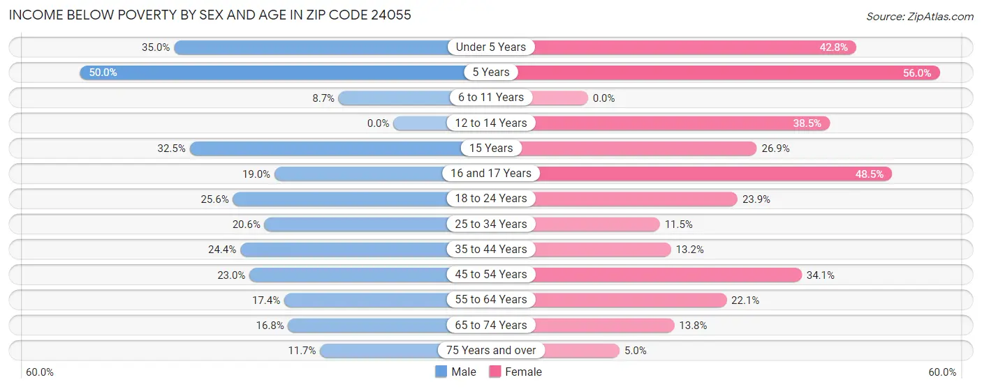Income Below Poverty by Sex and Age in Zip Code 24055