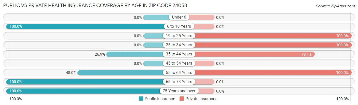 Public vs Private Health Insurance Coverage by Age in Zip Code 24058
