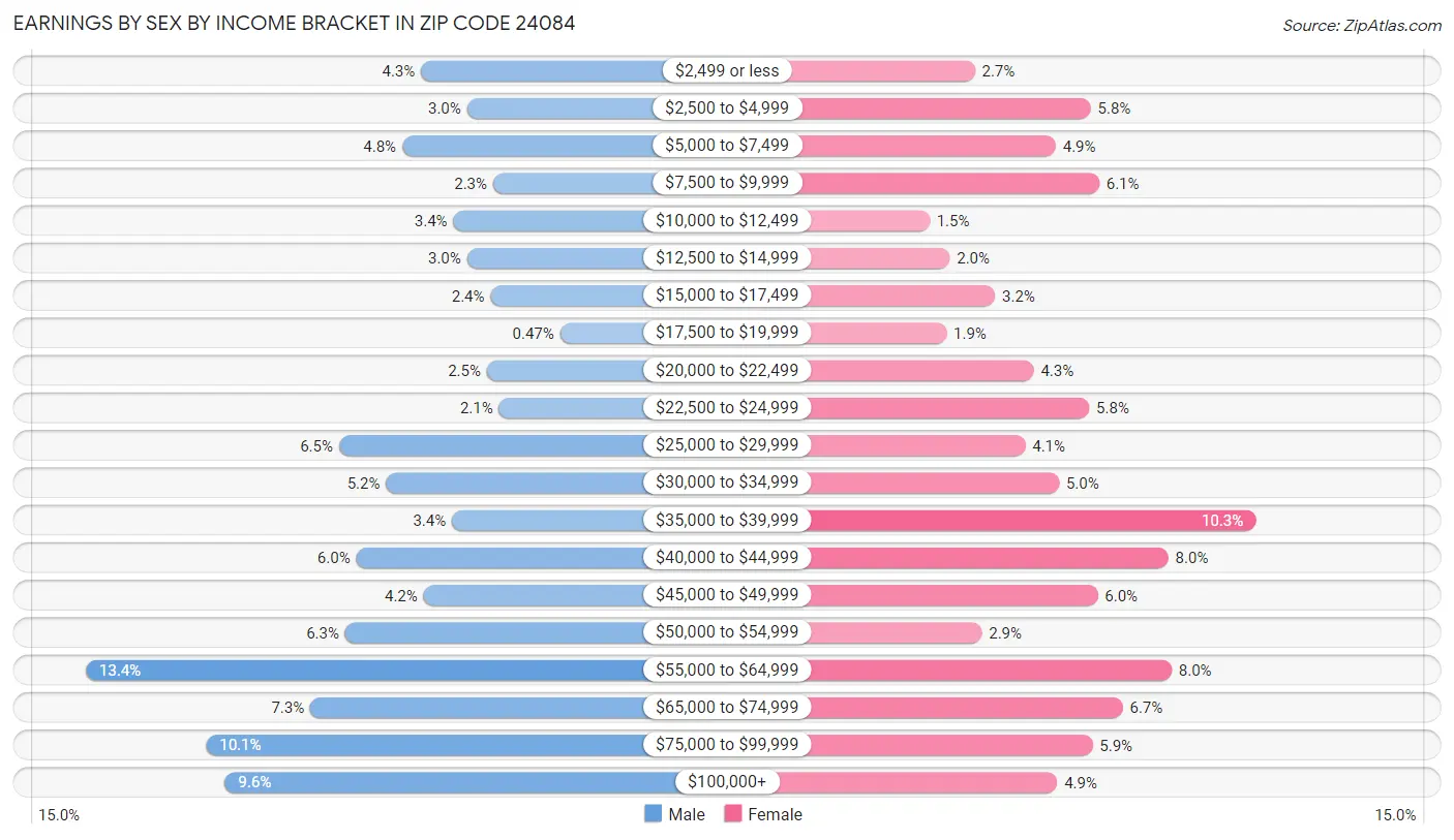 Earnings by Sex by Income Bracket in Zip Code 24084