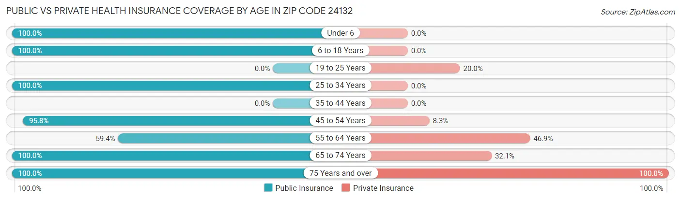 Public vs Private Health Insurance Coverage by Age in Zip Code 24132