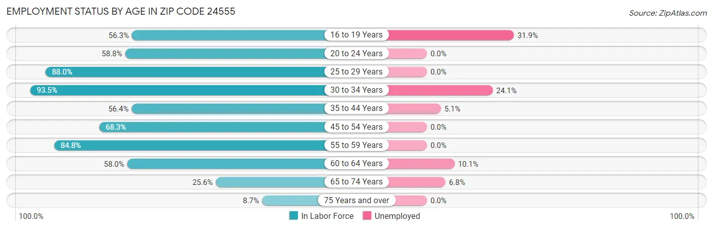 Employment Status by Age in Zip Code 24555