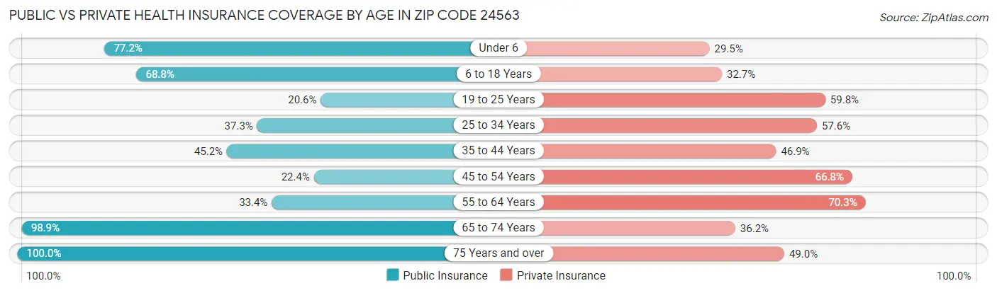 Public vs Private Health Insurance Coverage by Age in Zip Code 24563