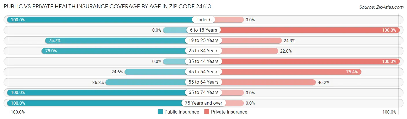 Public vs Private Health Insurance Coverage by Age in Zip Code 24613