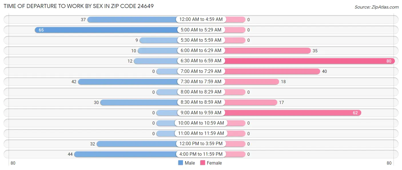 Time of Departure to Work by Sex in Zip Code 24649