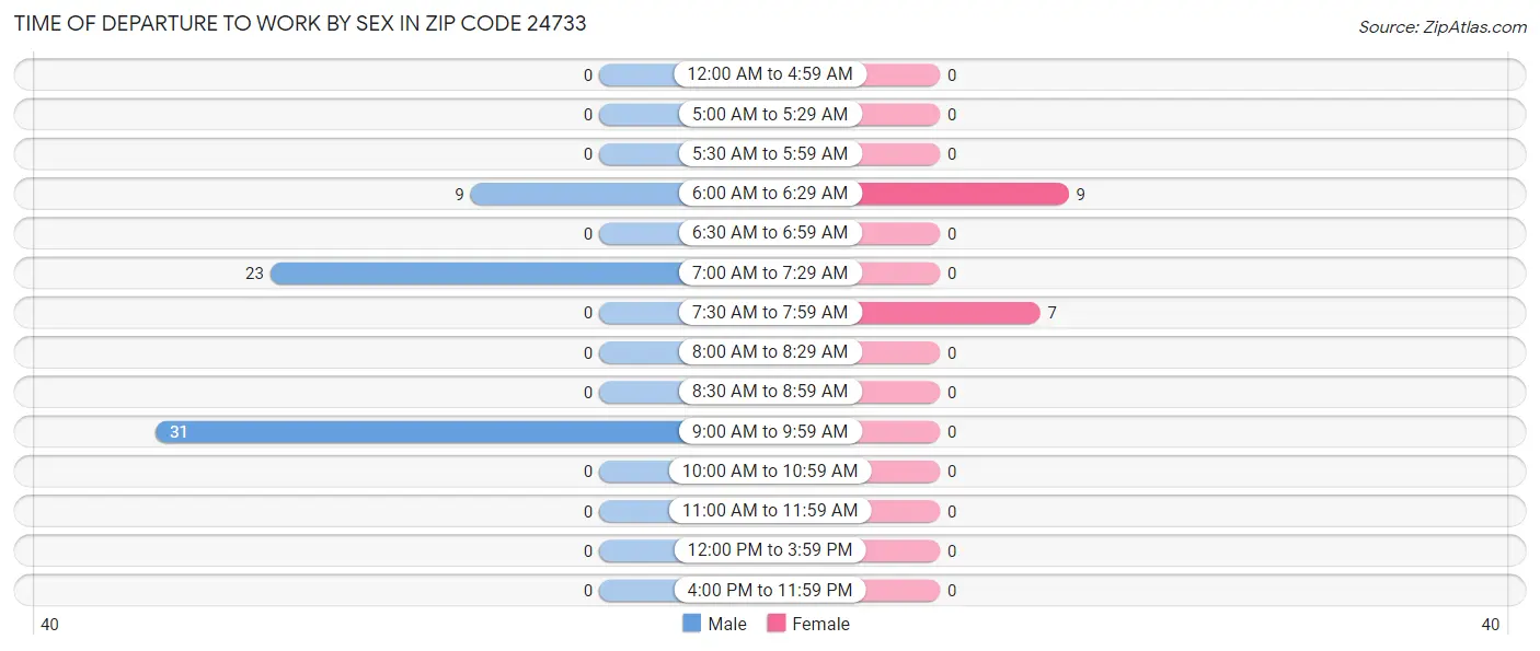 Time of Departure to Work by Sex in Zip Code 24733