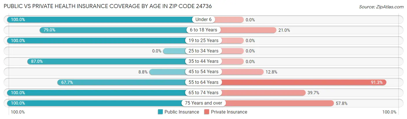Public vs Private Health Insurance Coverage by Age in Zip Code 24736