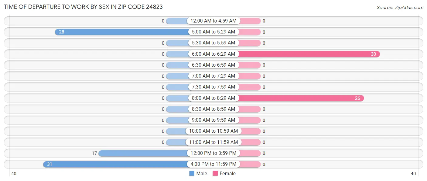 Time of Departure to Work by Sex in Zip Code 24823