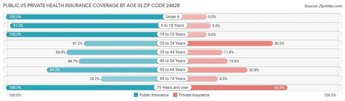 Public vs Private Health Insurance Coverage by Age in Zip Code 24828