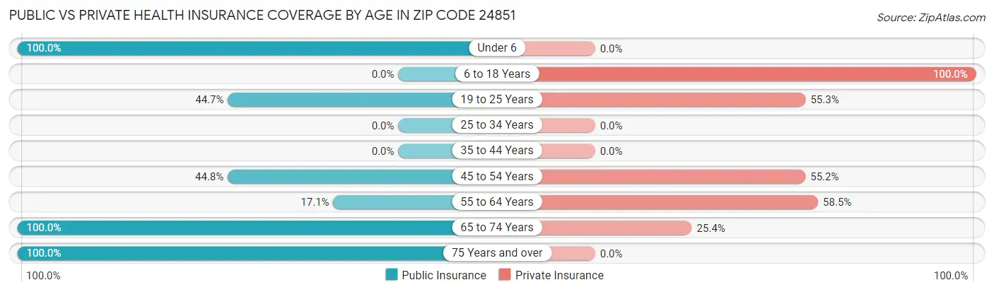 Public vs Private Health Insurance Coverage by Age in Zip Code 24851