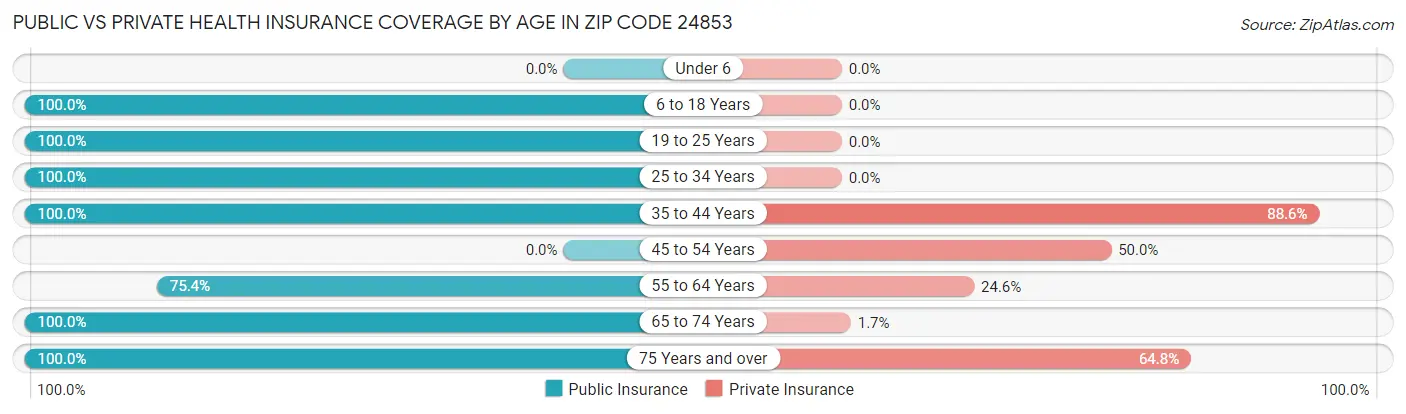 Public vs Private Health Insurance Coverage by Age in Zip Code 24853