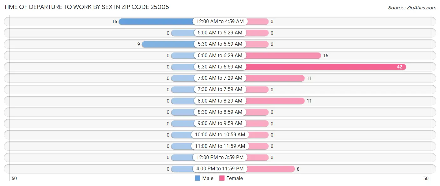 Time of Departure to Work by Sex in Zip Code 25005