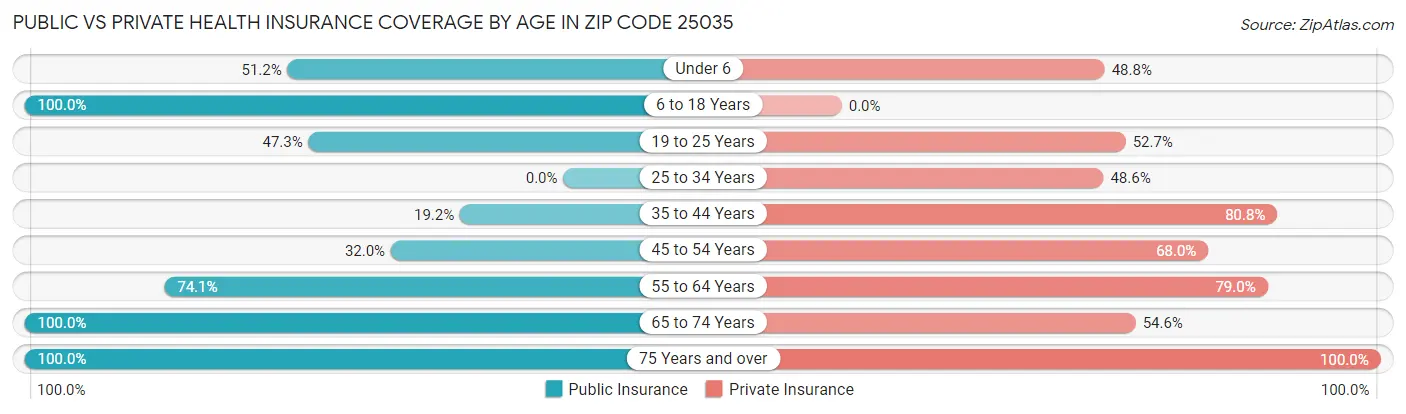 Public vs Private Health Insurance Coverage by Age in Zip Code 25035