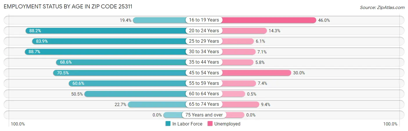 Employment Status by Age in Zip Code 25311